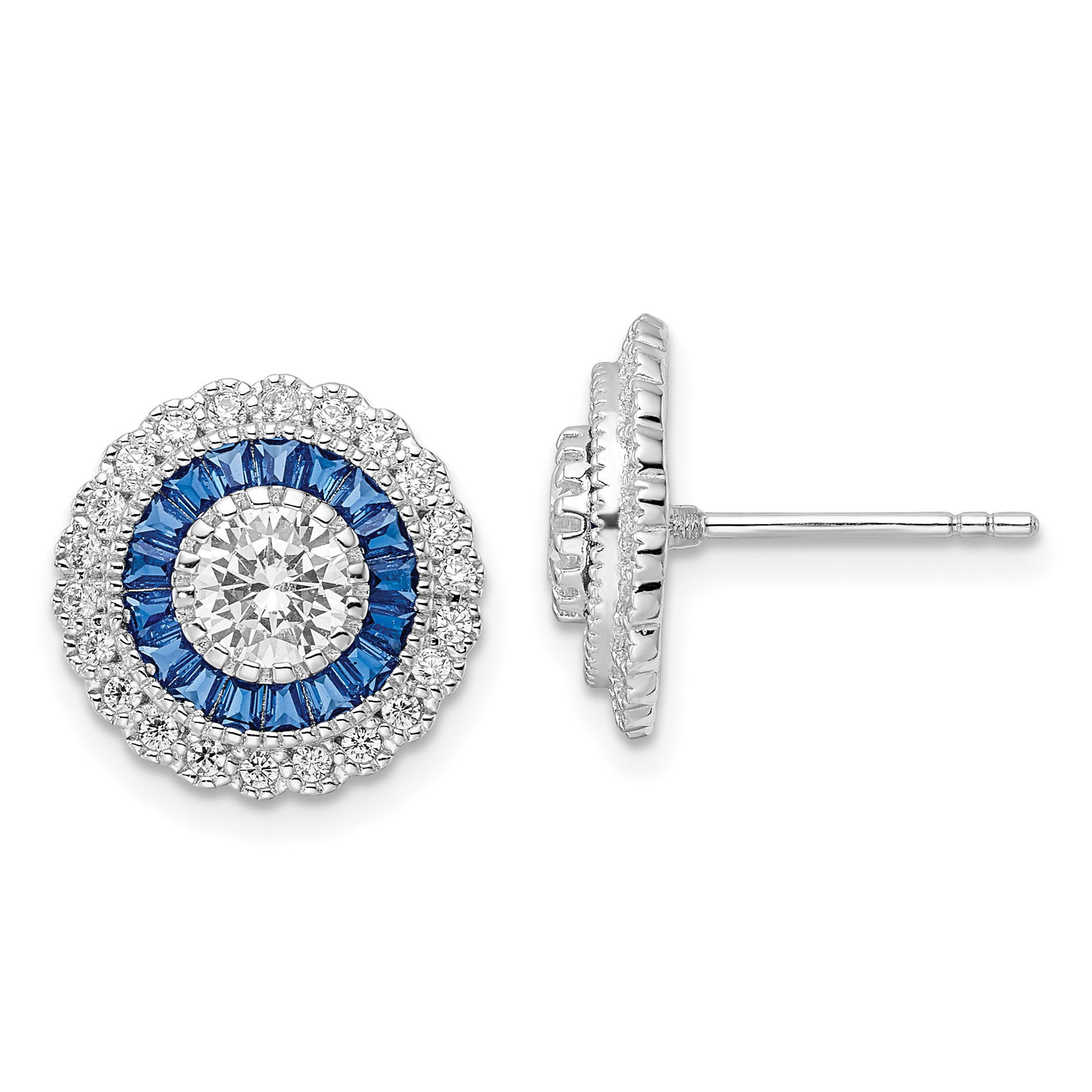 Sterling Silver Rhodium-plated Polished Blue & White CZ Round Post Earrings (QE15765)