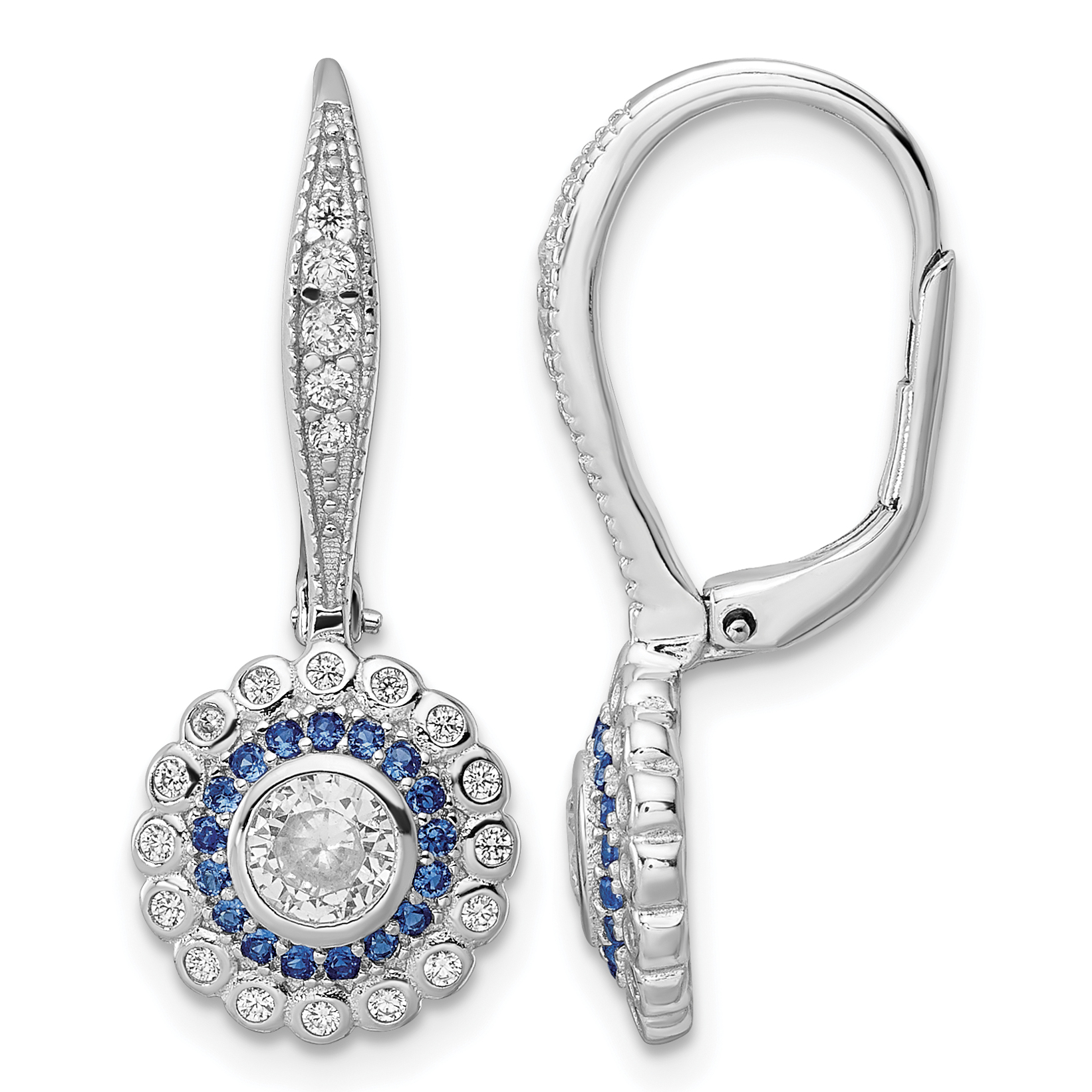 Sterling Silver Rhodium-plated Polished Blue & White CZ Leverback Earrings (QE15766)