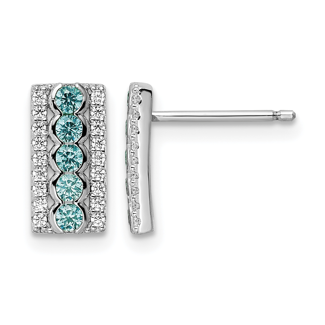 Sterling Silver Rhodium plated Aqua & White CZ Post Earrings (QE15776)