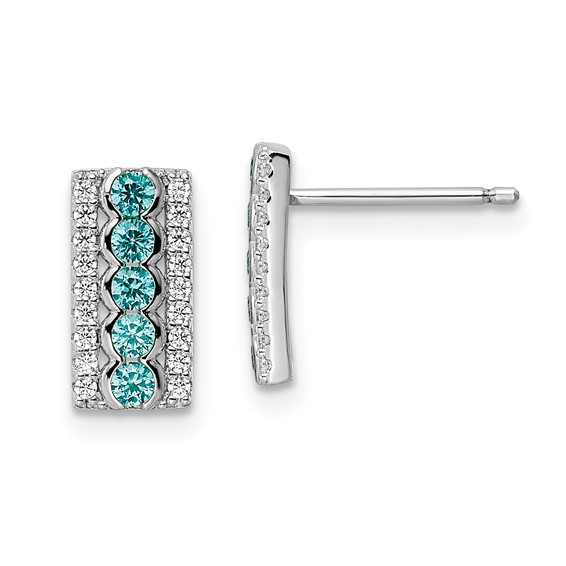 Sterling Silver Rhodium plated Aqua & White CZ Post Earrings