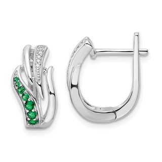 Sterling Silver Rhodium-plated Green & White CZ Hinged Hoop Earrings