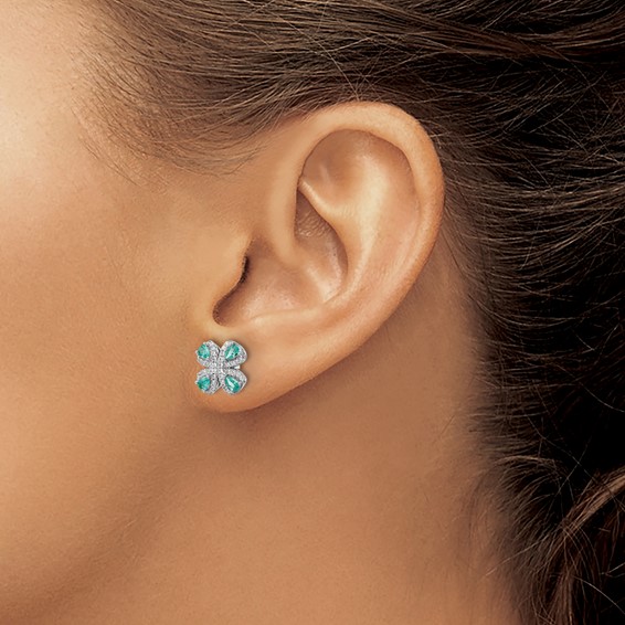 Sterling Silver Rhodium plated Teal & White CZ Post Earrings