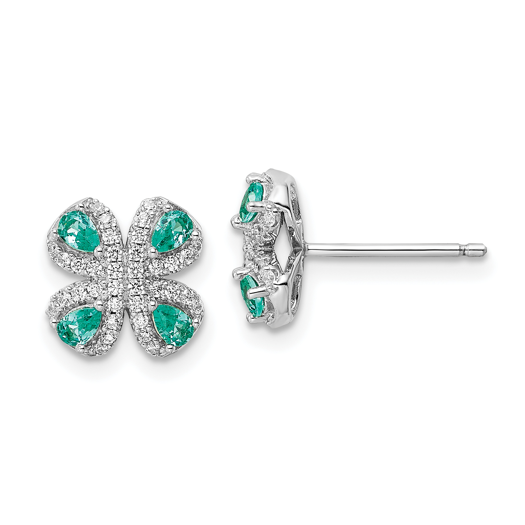 Sterling Silver Rhodium plated Teal & White CZ Post Earrings (QE15778)
