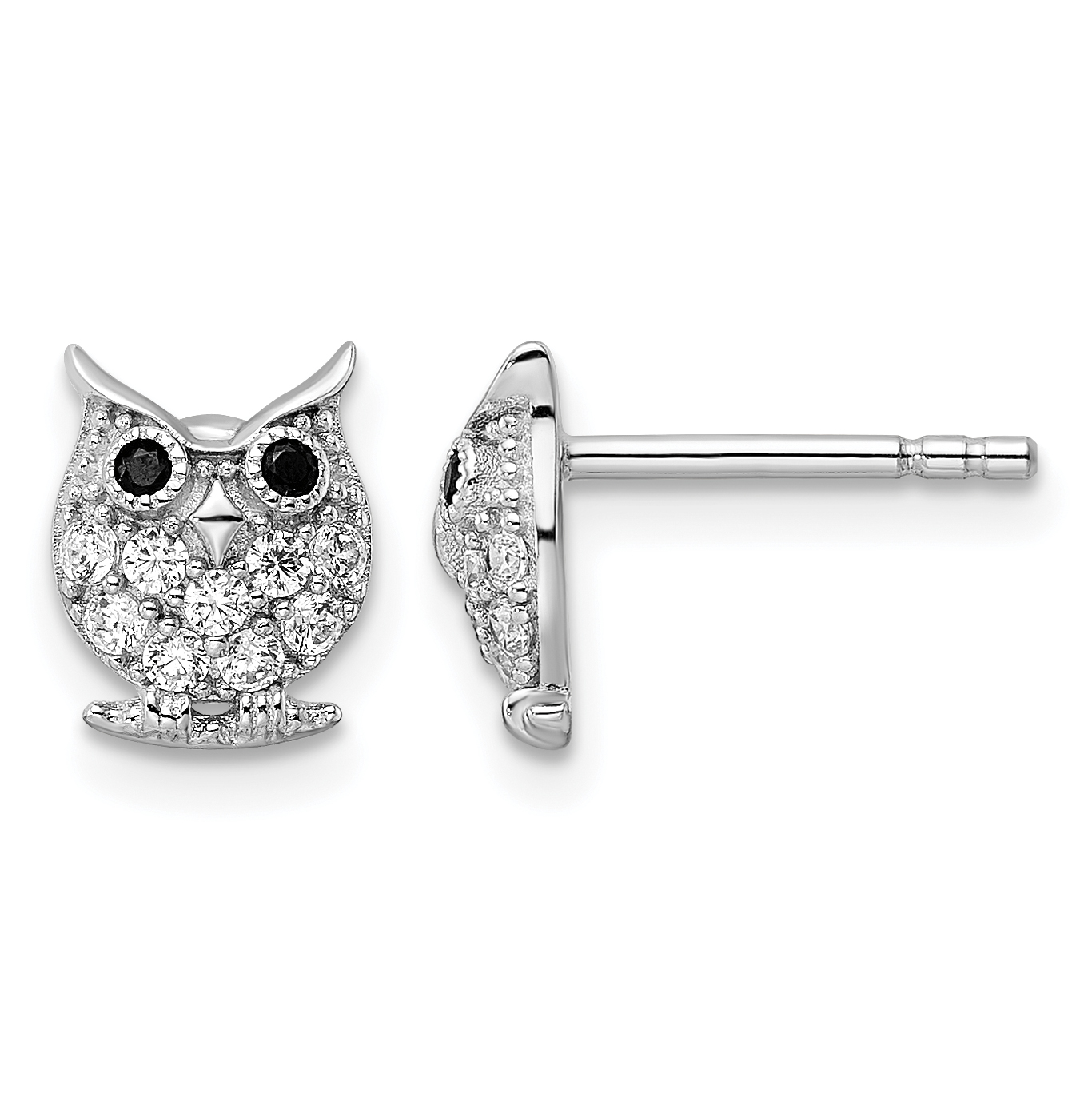 Sterling Silver Rhodium-plated Black & White CZ Owl Post Earrings (QE15782)