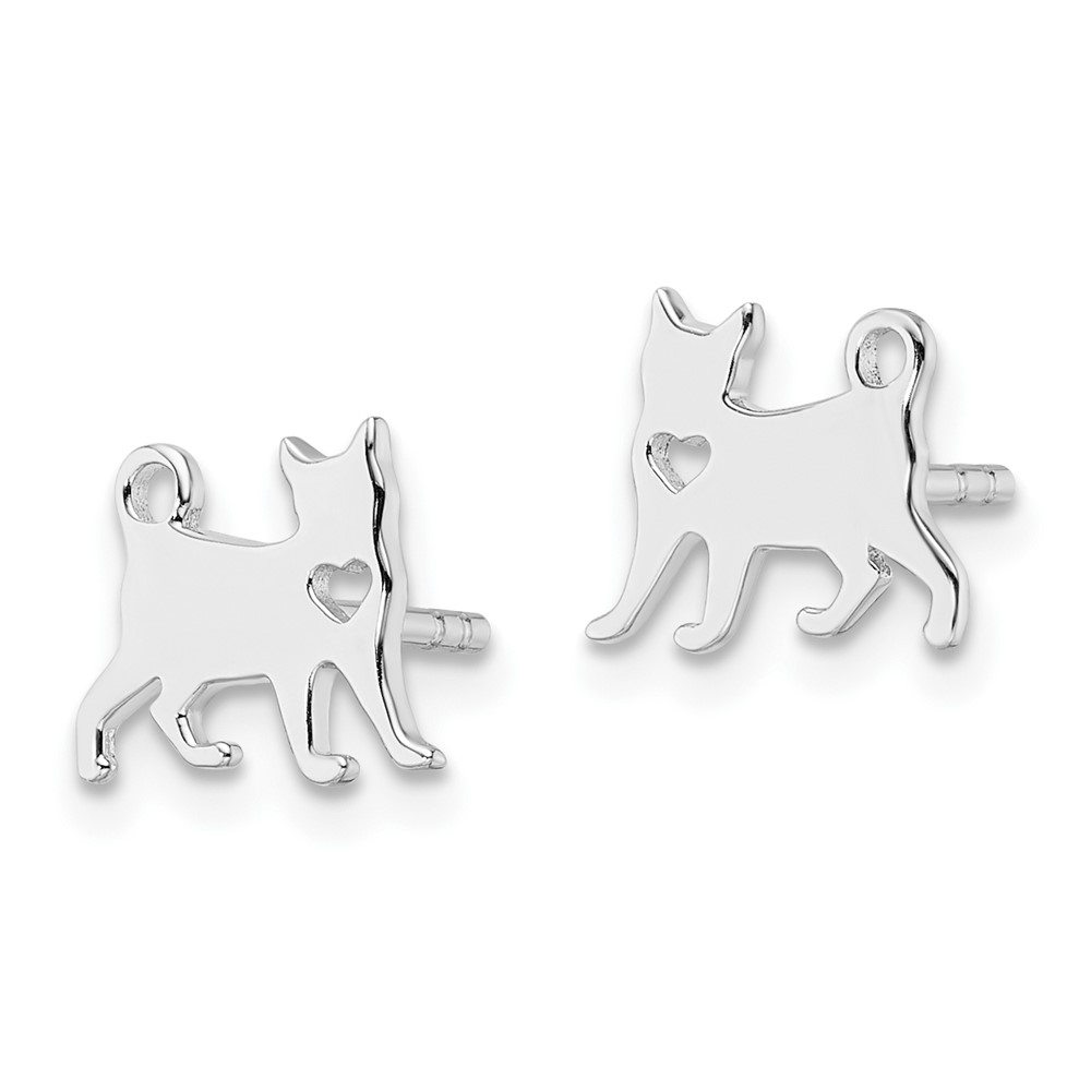 Sterling Silver Rhodium-plated Cat w/Heart Post Earrings (QE15785)