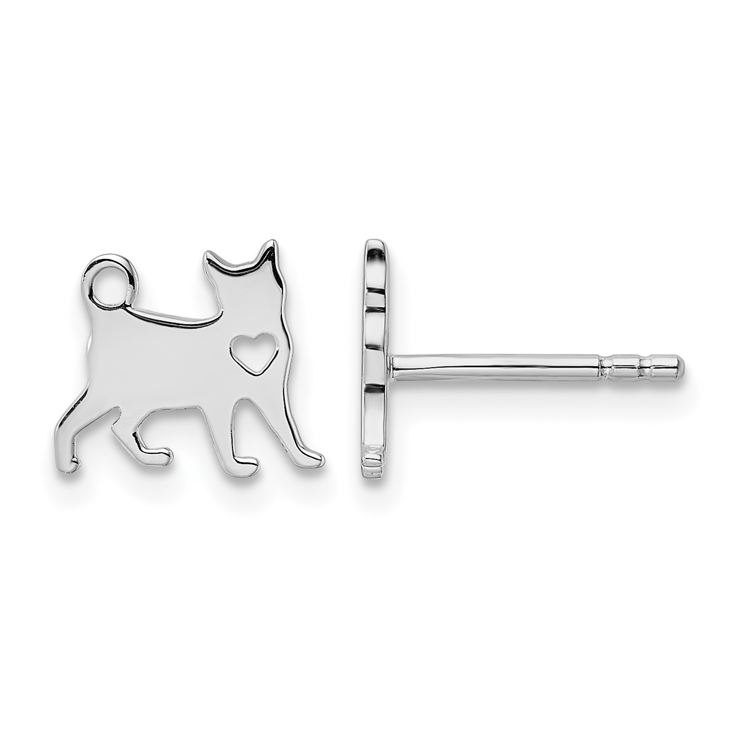 Sterling Silver Rhodium-plated Cat w/Heart Post Earrings (QE15785)