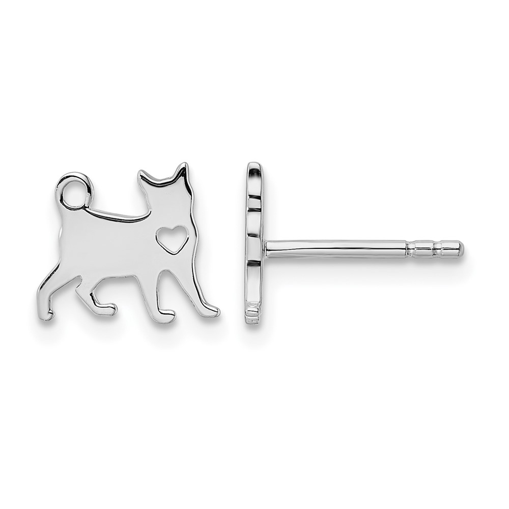 Sterling Silver Rhodium-plated Cat w/Heart Post Earrings (QE15785)
