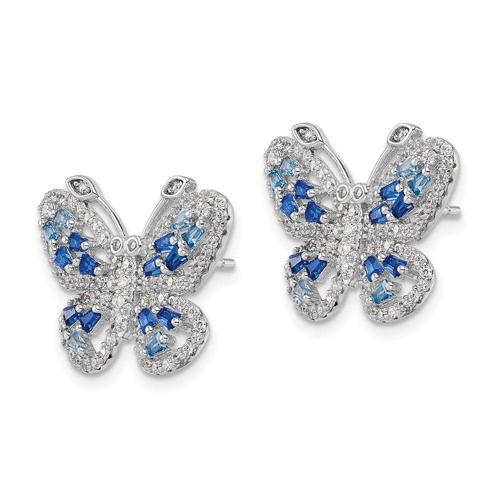 Sterling Silver Rhodium-plated Polished Light and Dark Blue CZ with Clear CZ Butterfly Post Earrings (QE15791)