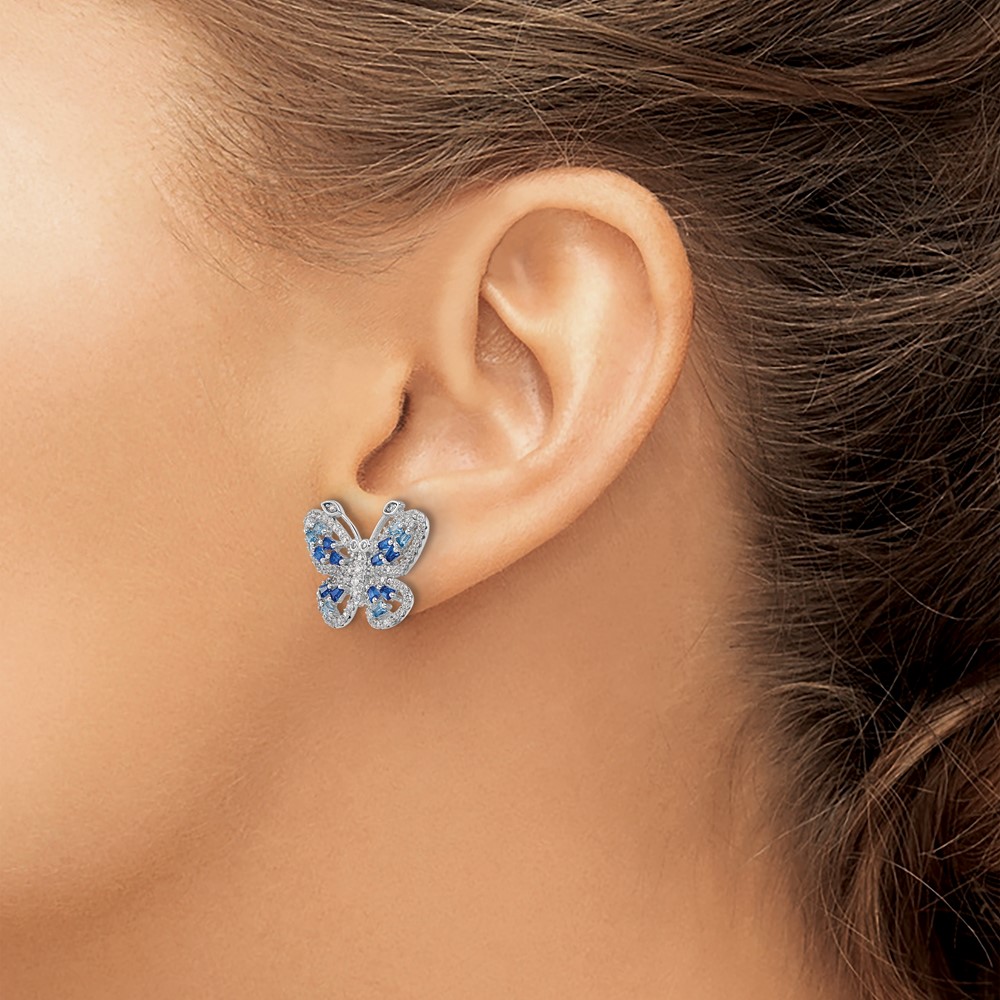Sterling Silver Rhodium-plated Polished Light and Dark Blue CZ with Clear CZ Butterfly Post Earrings (QE15791)