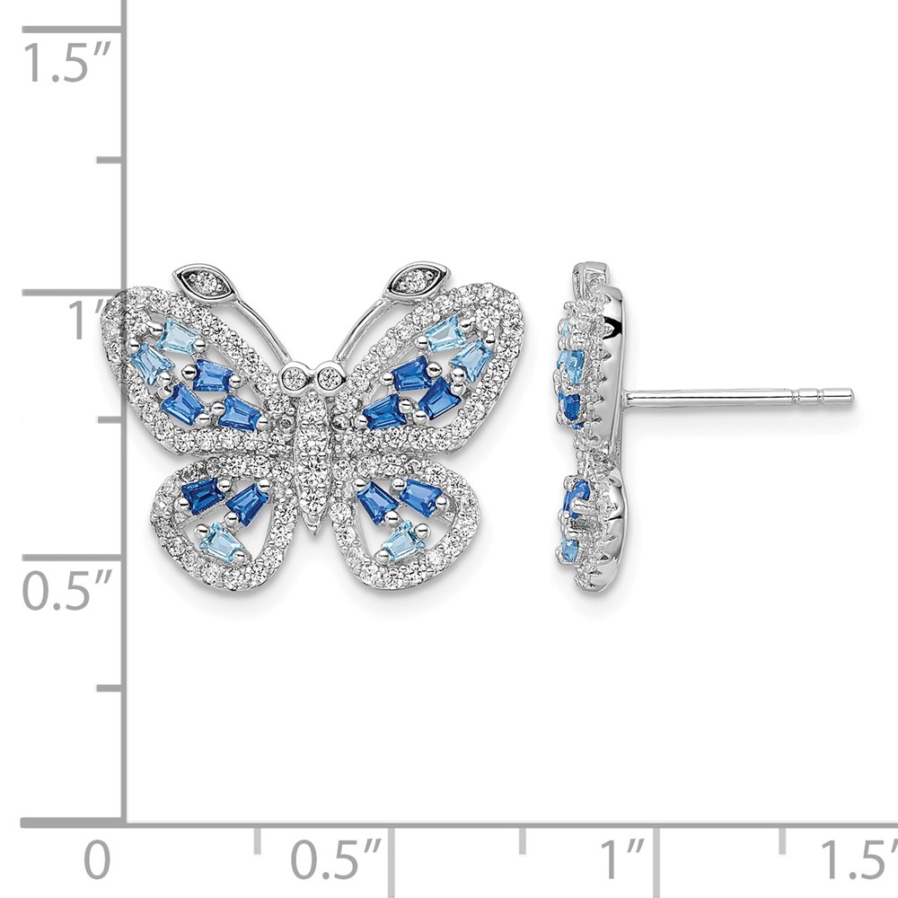 Sterling Silver Rhodium-plated Polished Light and Dark Blue CZ with Clear CZ Butterfly Post Earrings (QE15791)