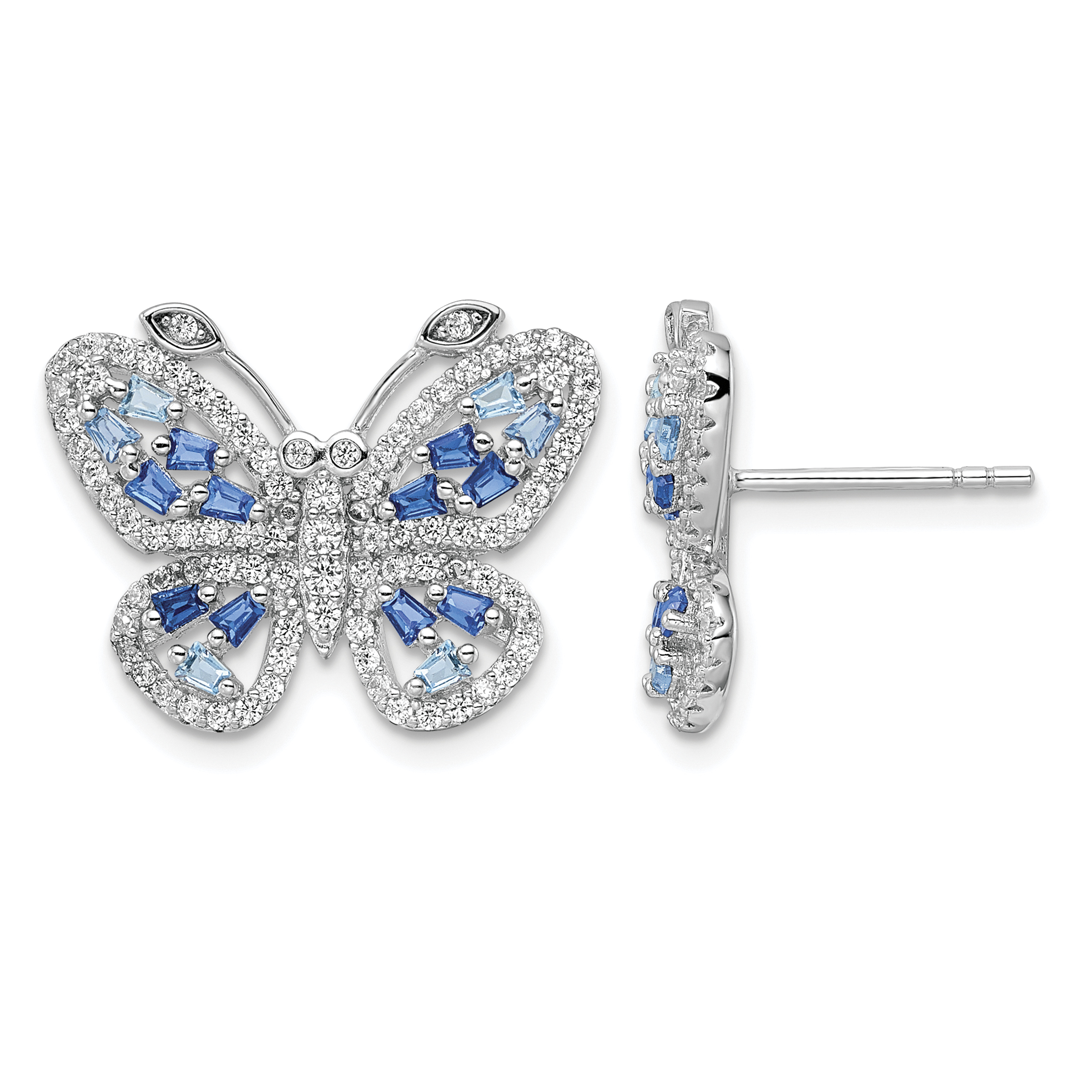 Sterling Silver Rhodium-plated Polished Light and Dark Blue CZ with Clear CZ Butterfly Post Earrings (QE15791)