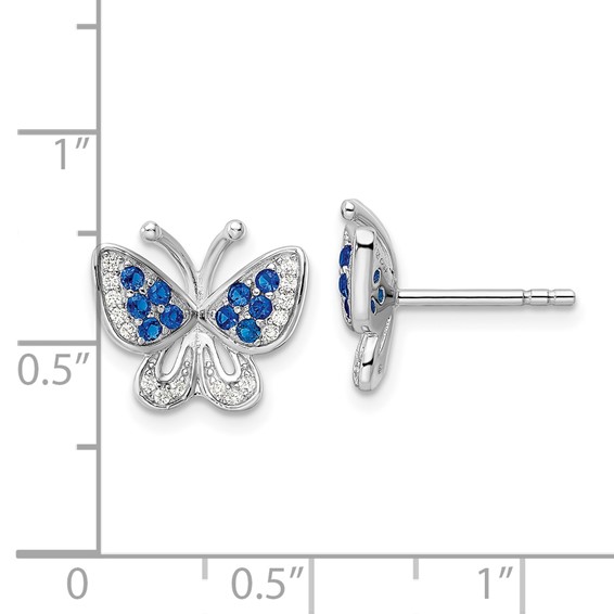 Sterling Silver Rhodium-plated Blue & White CZ Butterfly Post Earrings