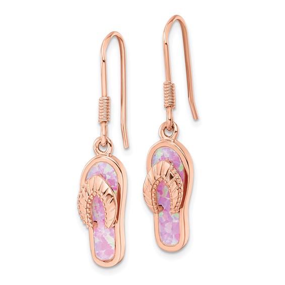 Sterling Silver Rose-tone Pink Created Opal Inlay Flip Flop Dangle Earrings