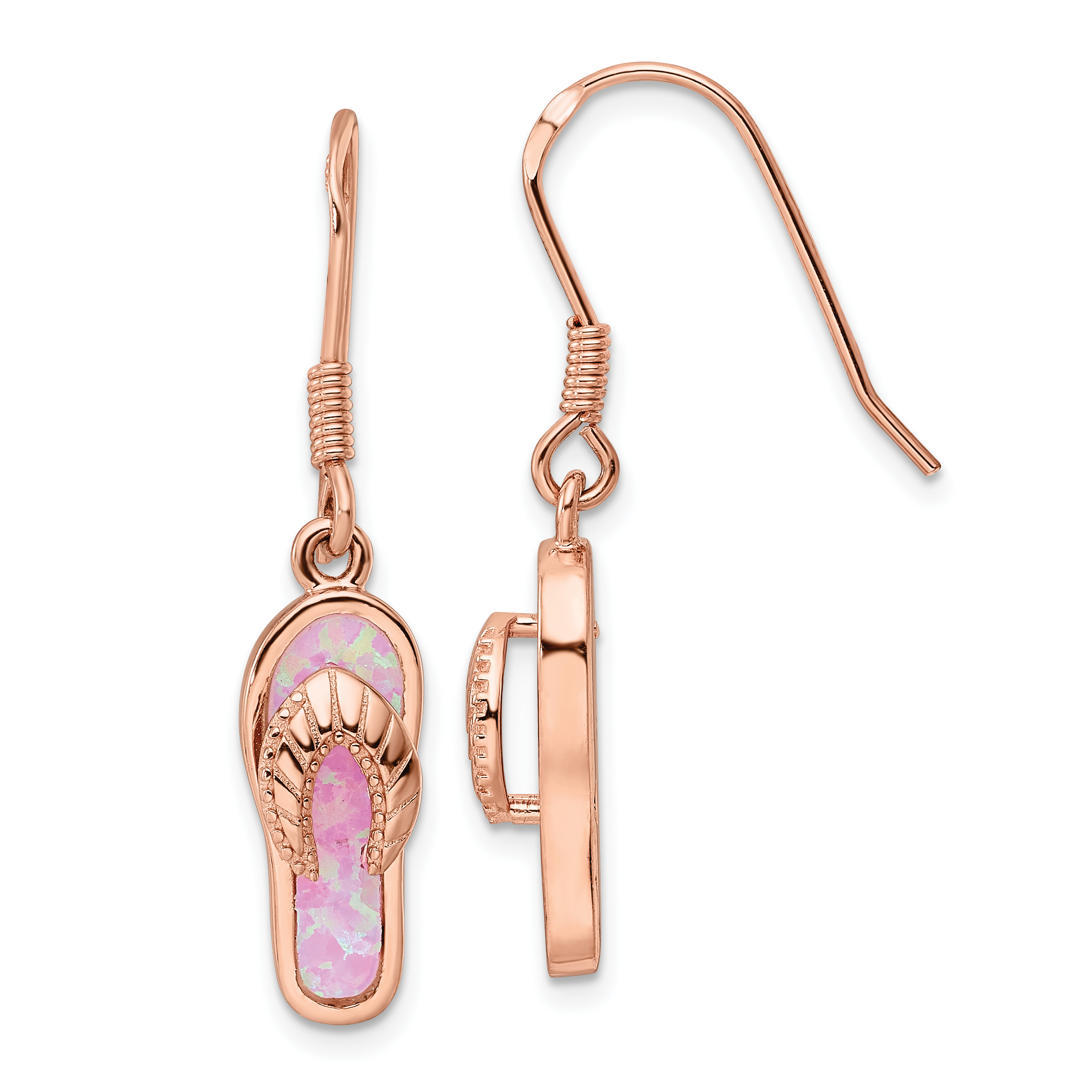 Sterling Silver Rose-tone Pink Created Opal Inlay Flip Flop Dangle Earrings (QE15793)