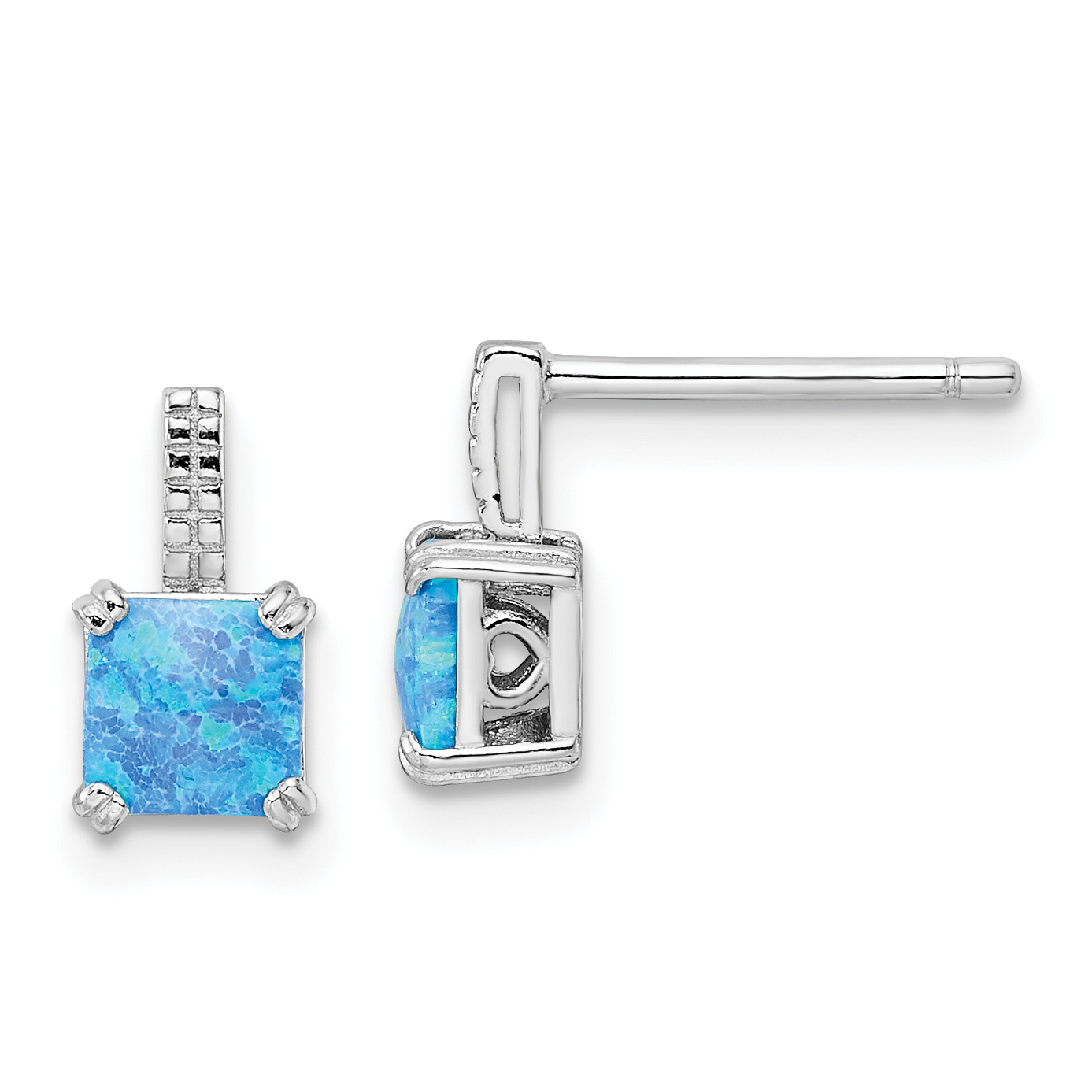 Sterling Silver Rhodium-plated Square Blue Created Opal Post Earrings (QE15795)