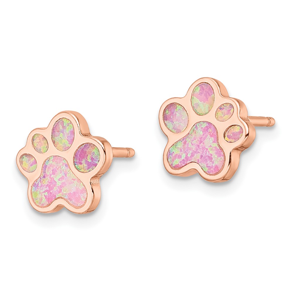 Sterling Silver Rose-tone Created Opal Inlay Pawprint Post Earrings (QE15796)