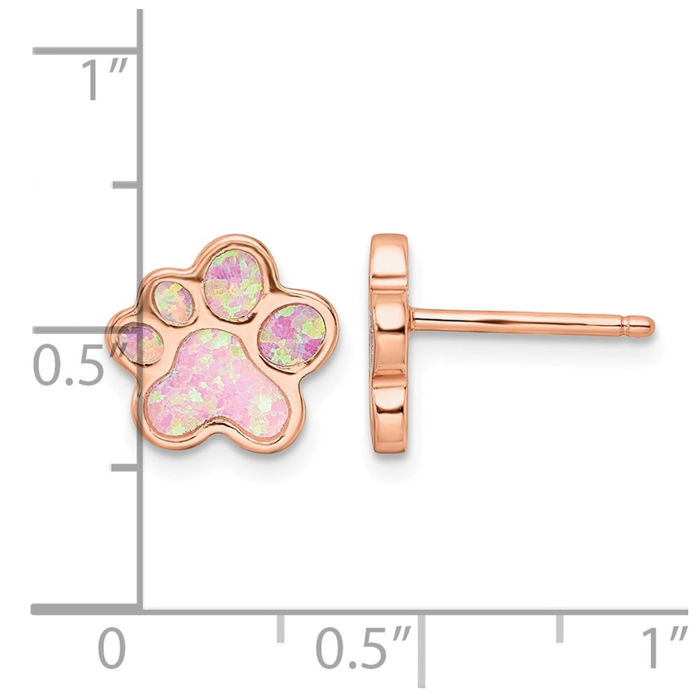 Sterling Silver Rose-tone Created Opal Inlay Pawprint Post Earrings (QE15796)