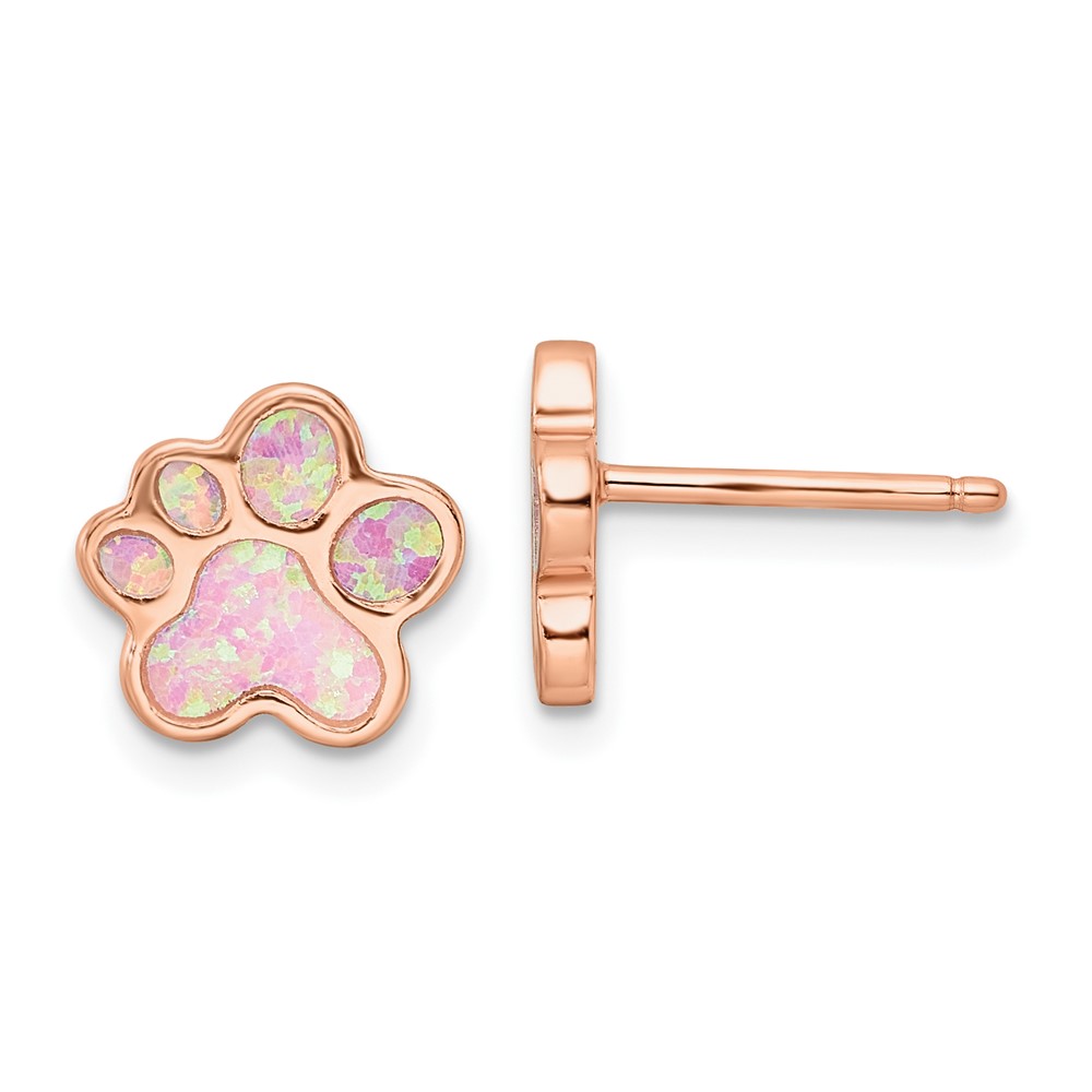Sterling Silver Rose-tone Created Opal Inlay Pawprint Post Earrings (QE15796)