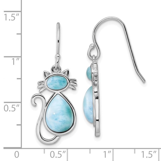 Sterling Silver Rhodium-plated Polished Larimar Cat Dangle Earrings