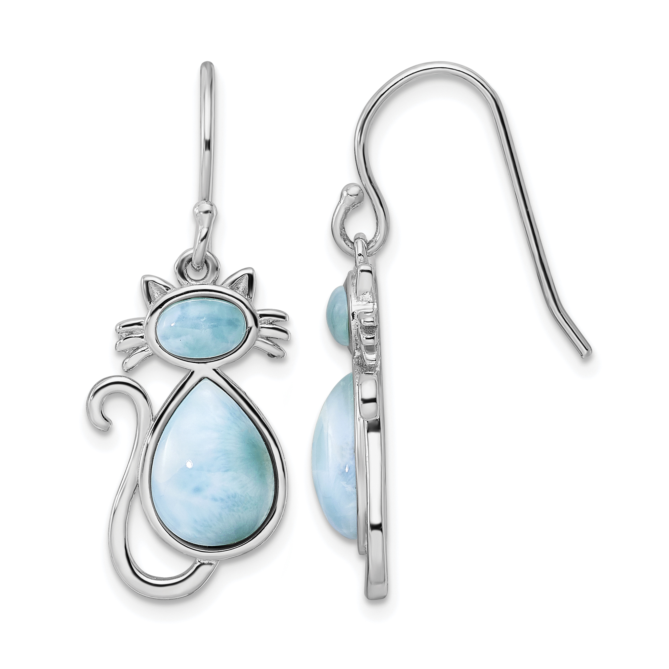 Sterling Silver Rhodium-plated Polished Larimar Cat Dangle Earrings (QE15797)