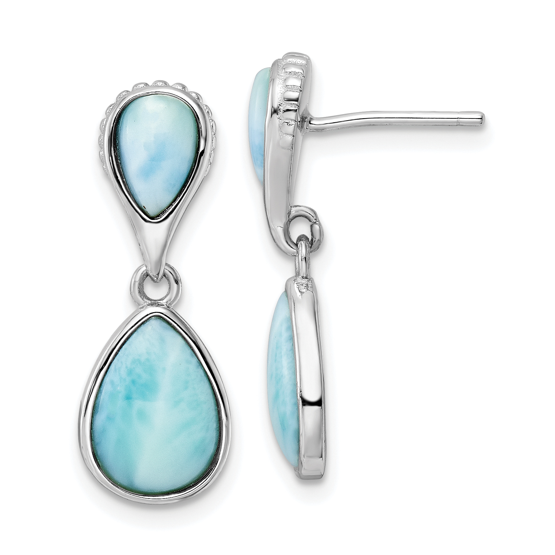 Sterling Silver Rhodium-plated Polished Pear Shape Larimar Dangle Earrings (QE15798)