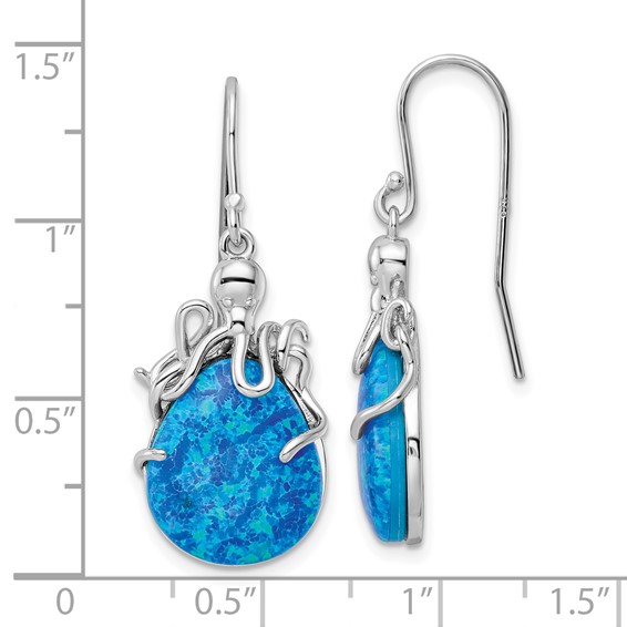 Sterling Silver Rhodium-plated Blue Lab Created Opal Octopus Dangle Earrings