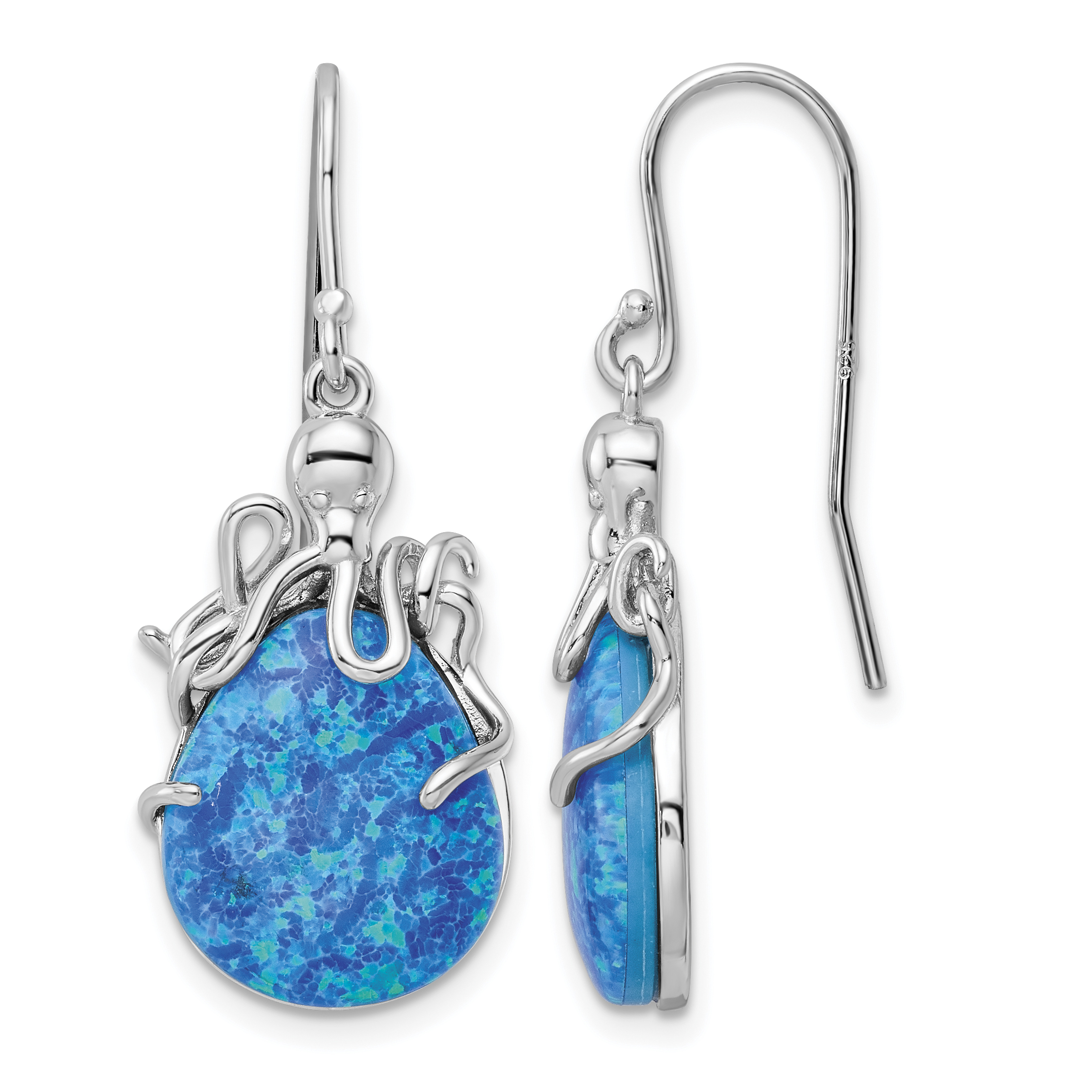 Sterling Silver Rhodium-plated Blue Lab Created Opal Octopus Dangle Earrings (QE15799)