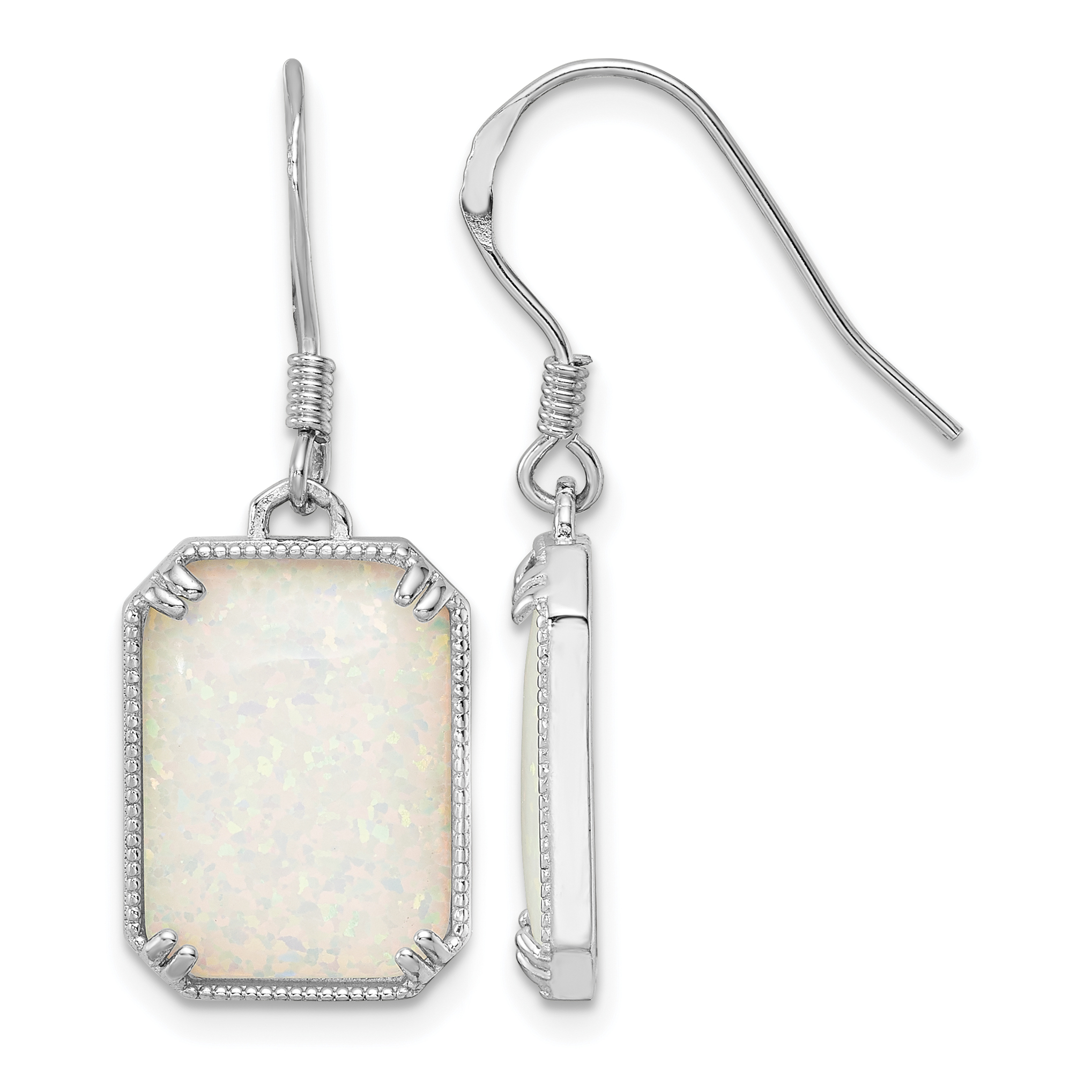 Sterling Silver RH-plated White Created Opal Beaded Border Earrings (QE15801)