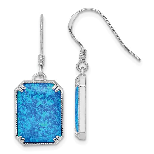 Sterling Silver RH-plated Blue Created Opal Beaded Border Earrings