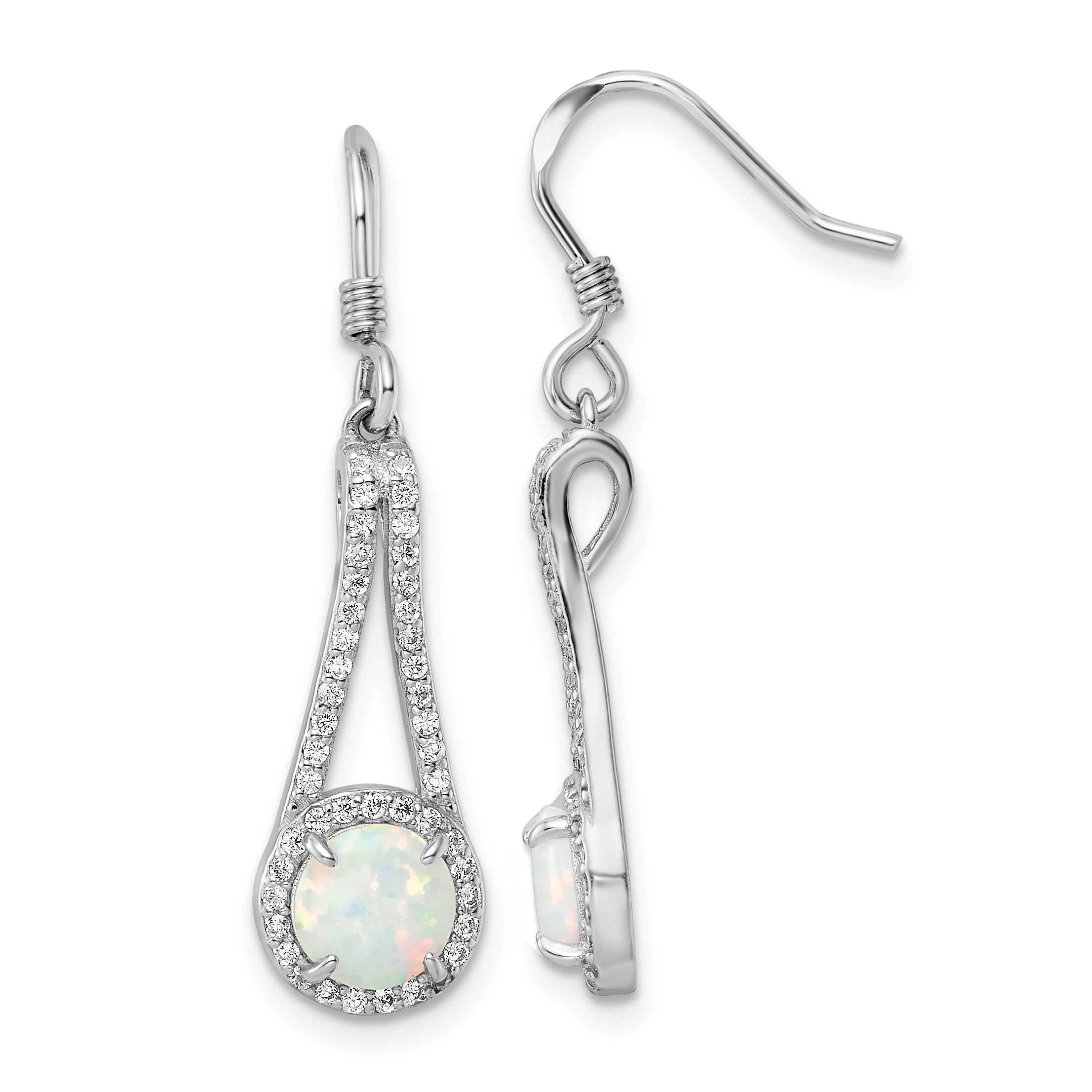 Sterling Silver Rhodium-plated CZ & White Created Opal Dangle Earrings (QE15805)