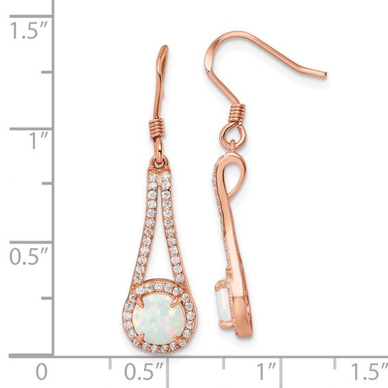 Sterling Silver Rose-tone Polished CZ & White Created Opal Dangle Earrings