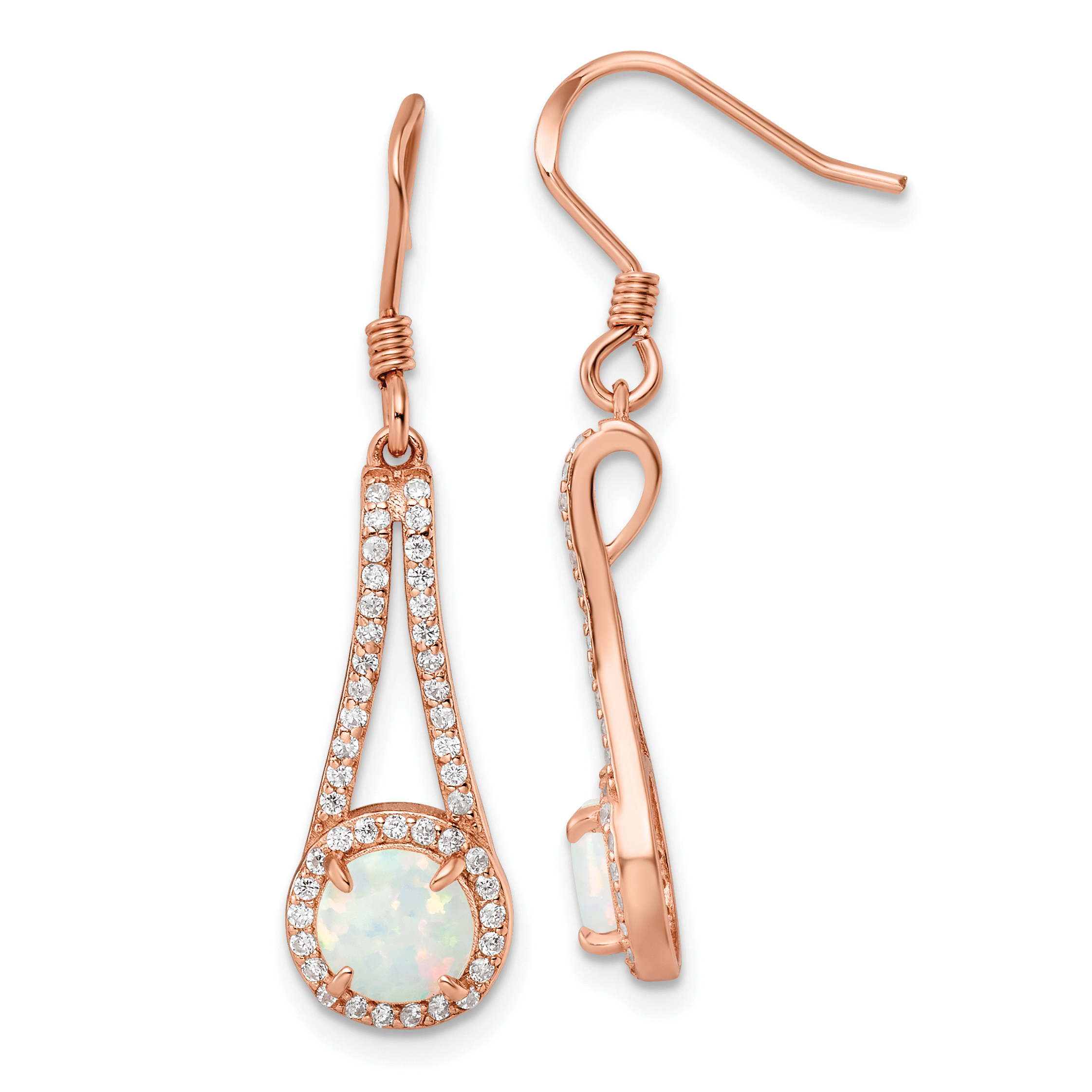 Sterling Silver Rose-tone Polished CZ & White Created Opal Dangle Earrings (QE15806)