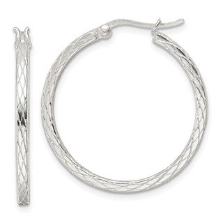 Sterling Silver Rhodium-plated Diamond Pattern Hoop Earrings