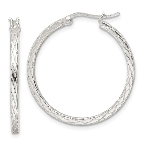 Sterling Silver Rhodium-plated Diamond Pattern Hoop Earrings