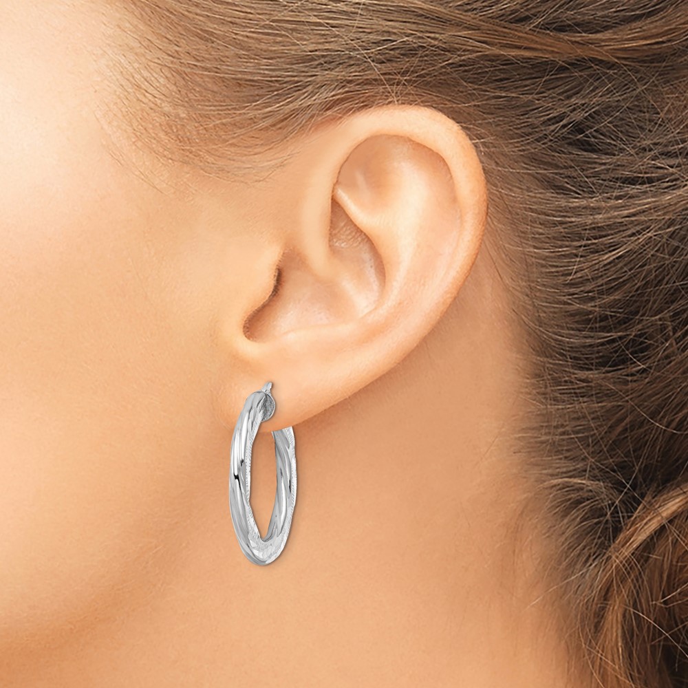 Sterling Silver Rhodium-plated 3x29mm D/C Twisted Tube Hoop Earrings (QE15851)