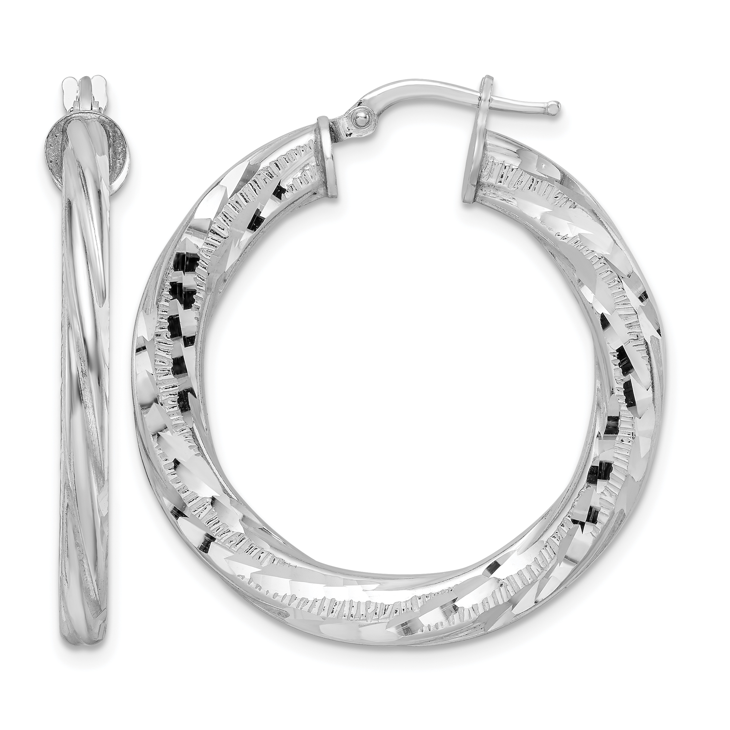 Sterling Silver Rhodium-plated 3x33mm D/C Twisted Tube Hoop Earrings (QE15852)