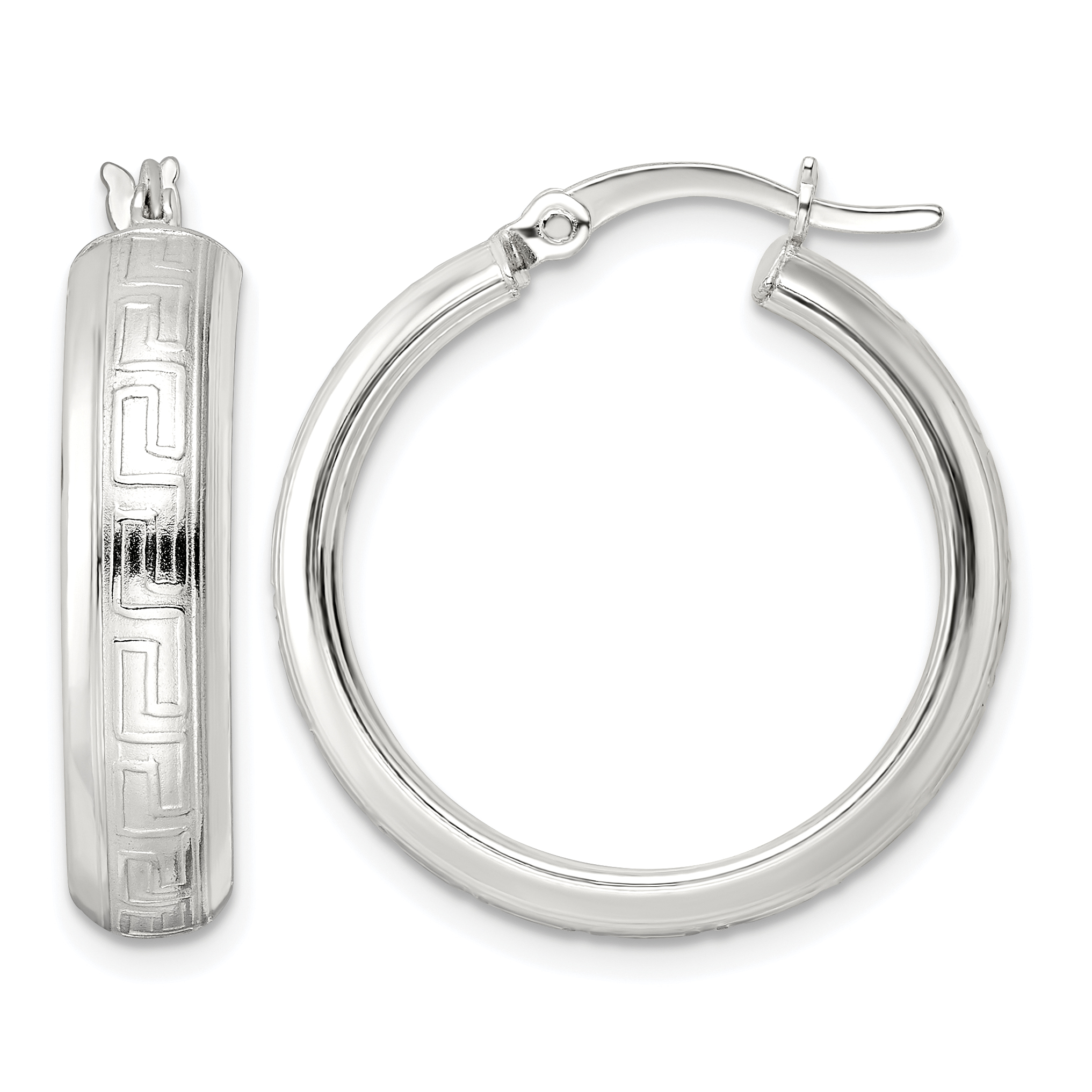 Sterling Silver Polished Greek Key Circle Hoop Earrings (QE15861)