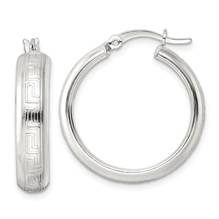 Sterling Silver Polished Greek Key Circle Hoop Earrings