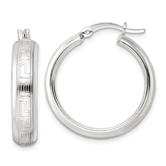 Sterling Silver Polished Greek Key Circle Hoop Earrings