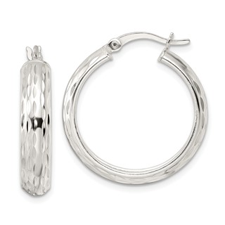 Sterling Silver Polished Diamond-cut 5x25mm Hoop Earrings
