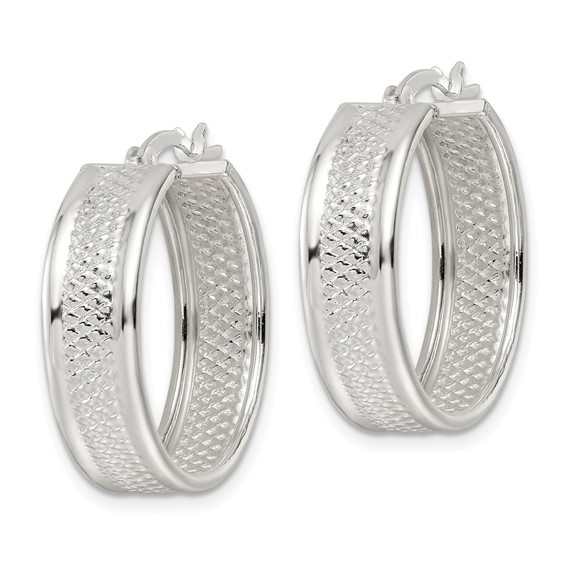 Sterling Silver Polished Textured 7.5x25mm Hoop Earrings