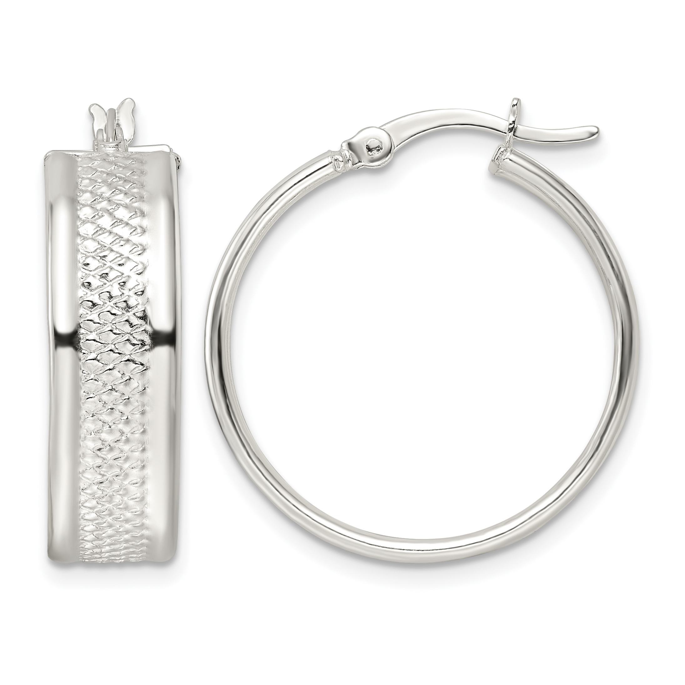 Sterling Silver Polished Textured 7.5x25mm Hoop Earrings (QE15874)
