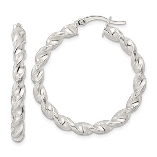 Sterling Silver Polished and Textured Twisted Circle Hoop Earrings