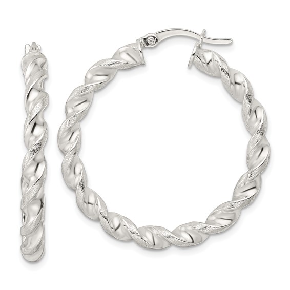 Sterling Silver Polished and Textured Twisted Circle Hoop Earrings