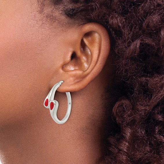 Sterling Silver Polished Red Enameled ByPass Circle Hoop Earrings
