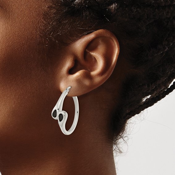 Sterling Silver Polished Black Enamel Hearts Circle Hoop Earrings