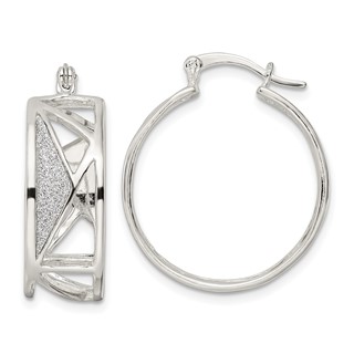 Sterling Silver Polished Fabric Glitter Shapes Hoop Earrings