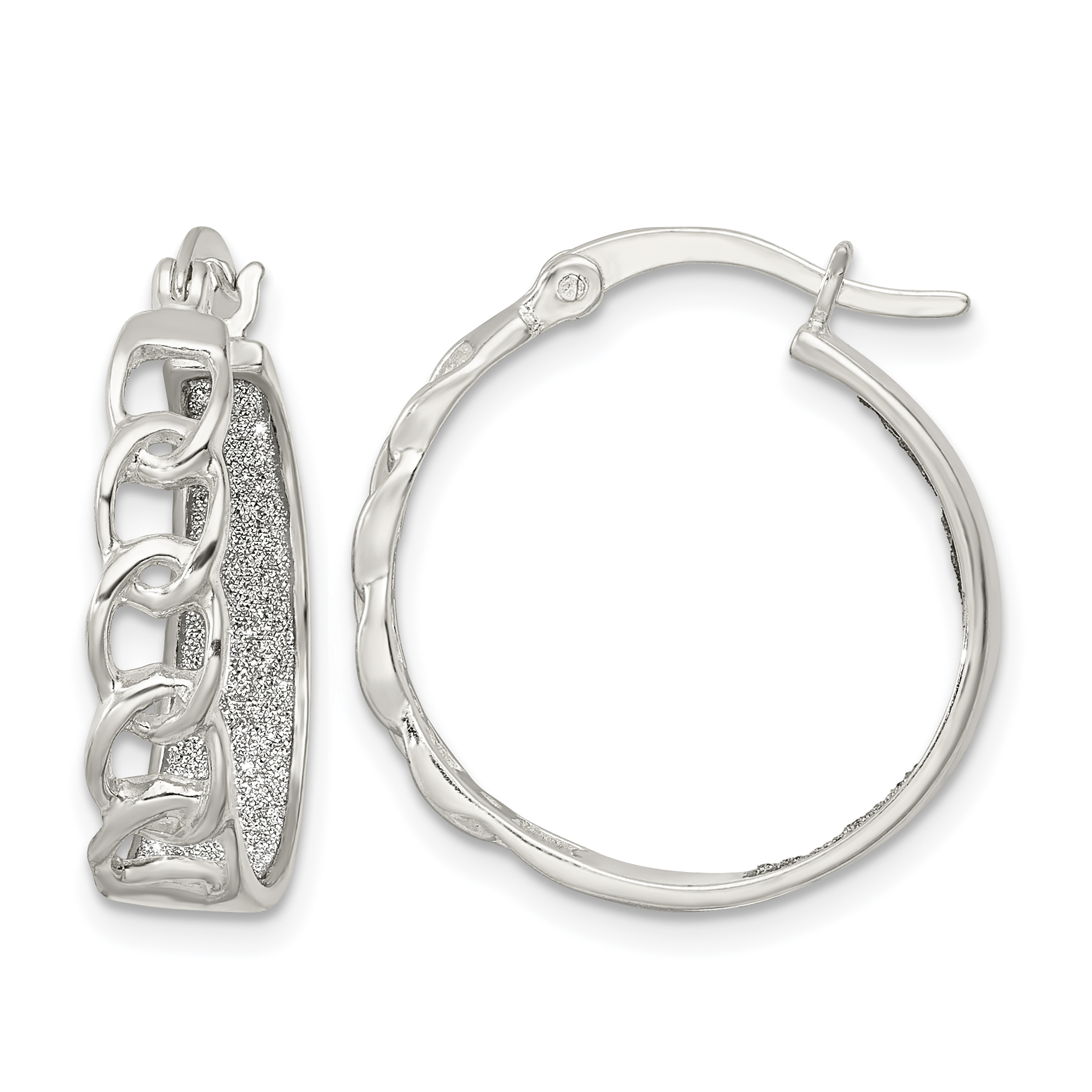 Sterling Silver Polished Fabric Glitter Hoop & Links Round Hoop Earrings (QE15924)