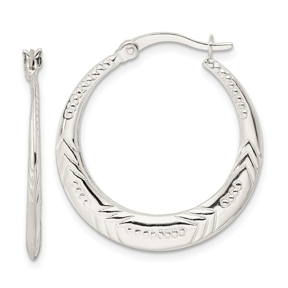 Sterling Silver Polished & Textured Knife Edge Round Hoop Earrings