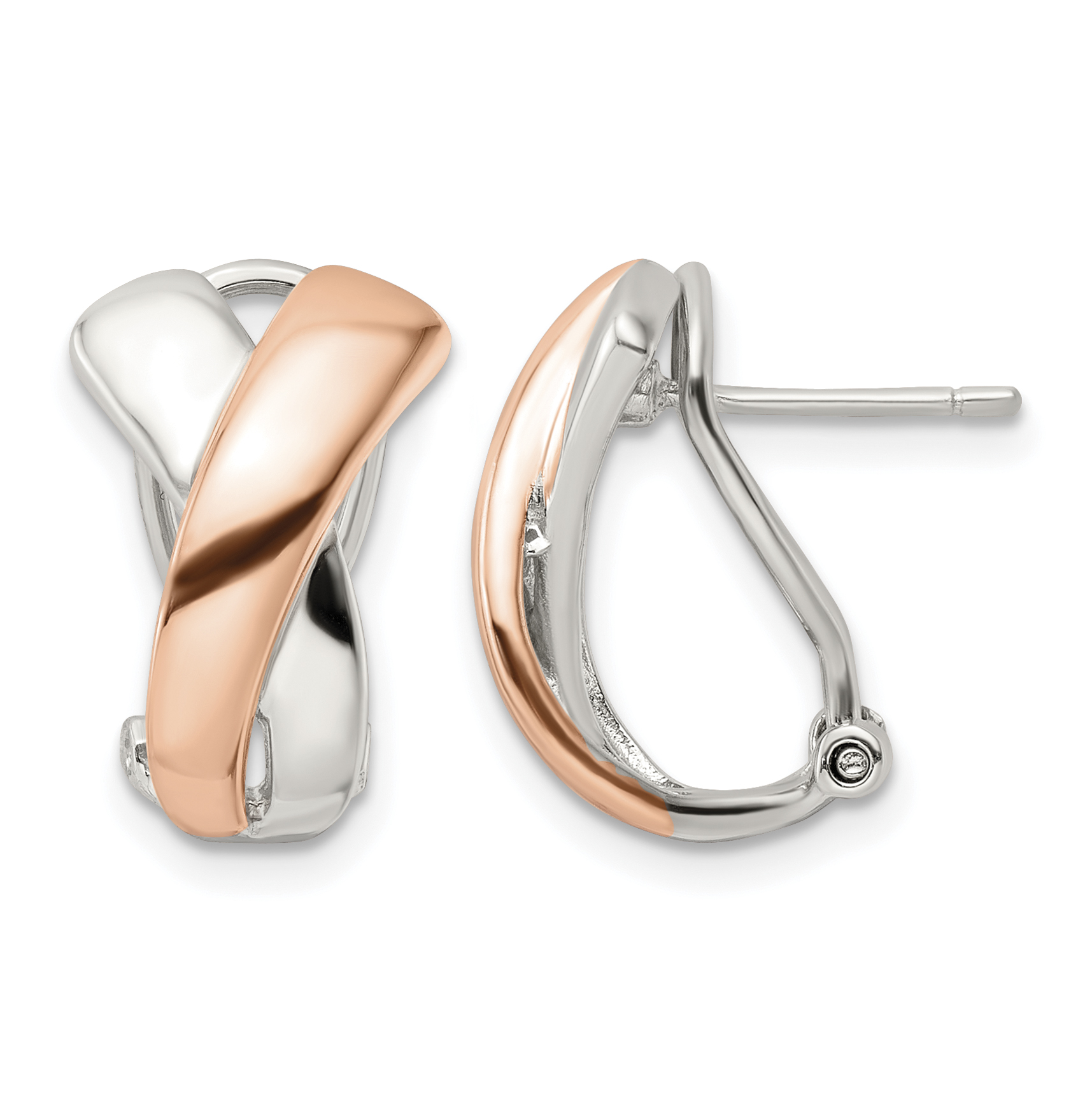 Sterling Silver & Rose-tone Polished X Omega Back J-Hoop Earrings (QE15941)